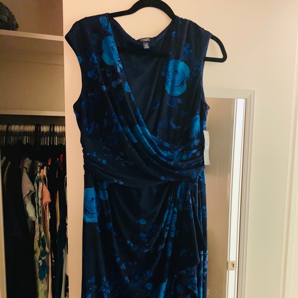 Navy floral sheath faux wrap dress